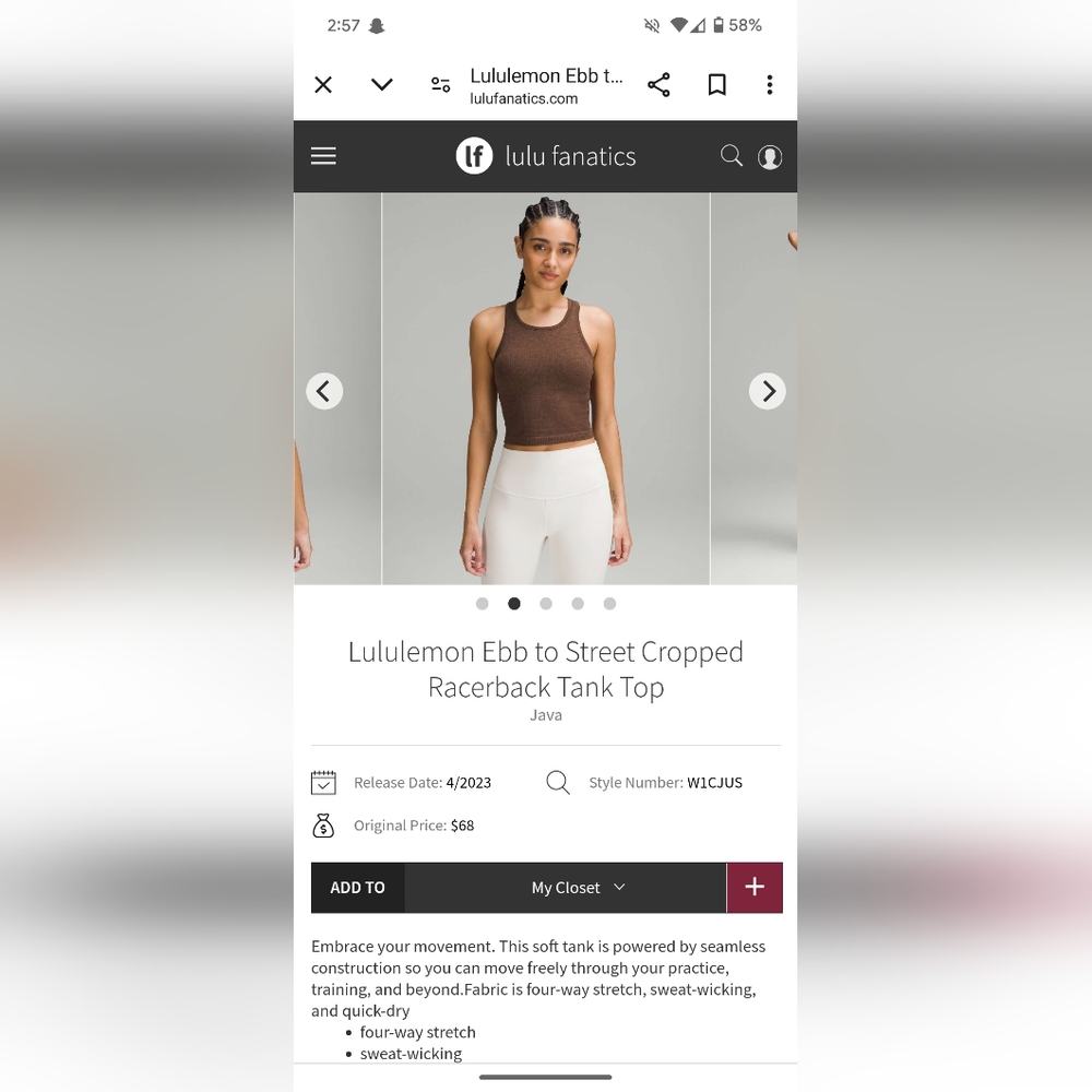 Lululemon ebb to street cropped racer back tank top